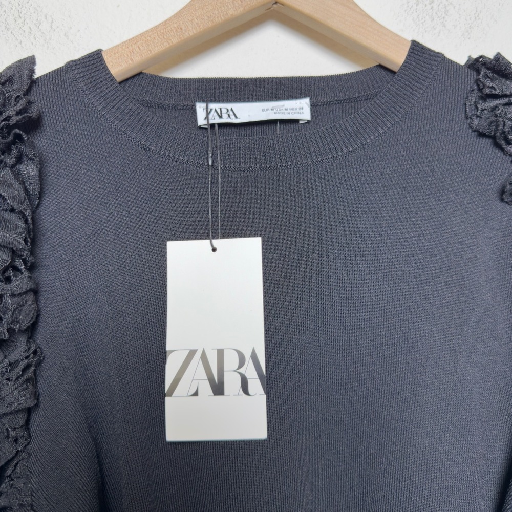 NEW Zara Women Knit Sweater Top Medium Black‎ Lace Ruffle Sleeve Old Money - Picture 4 of 9